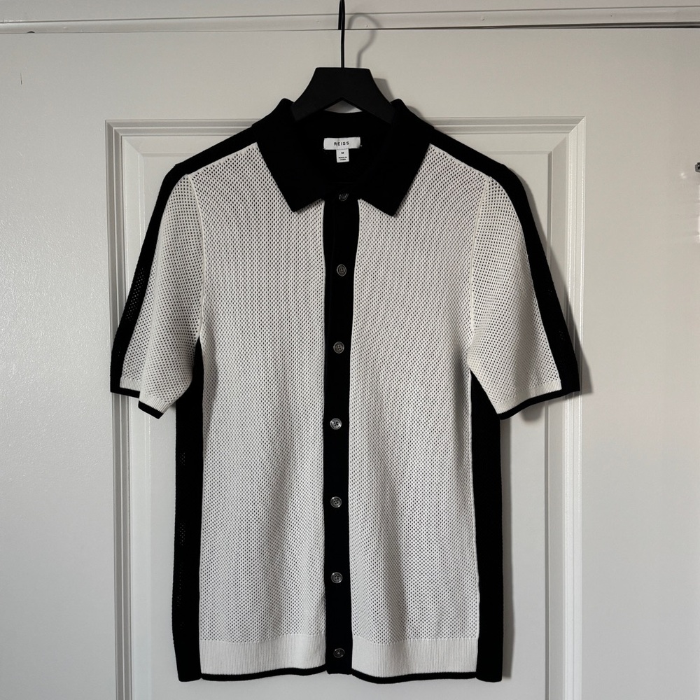 REISS Misto Cotton Blend Textured Color Blocked Regular Fit Button Down Shirt